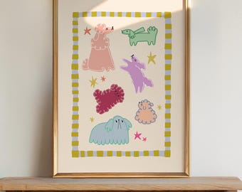 Whimsical Dog Nursery Art Print, Neutral Boho Kids Room Decor