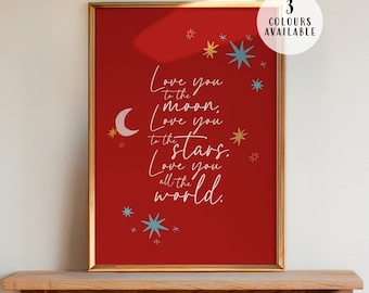 Love You to the Moon Nursery Print, Neutral Boho Wall Art, Baby Shower Gift