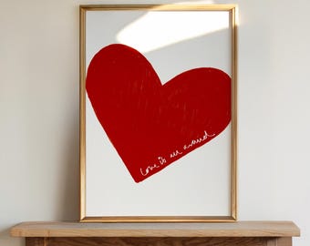 Red Heart Typography Print, Minimalist Hand Drawn Wall Art, Romantic Bedroom Decor