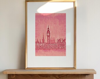 Pink London Art Print: Sketched Travel Poster