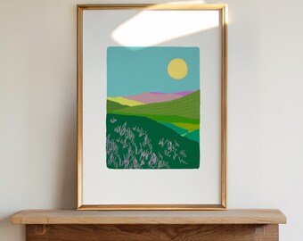Colourful Hills Landscape Print, Modern Nature Wall Art, Pastel Mountain Illustration