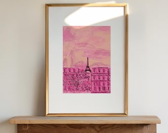 Pink Paris Print: Sketched Eiffel Tower Travel Poster