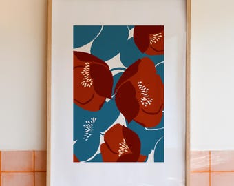 Bold Floral Art Print, Red Blue Abstract Botanical Poster, Scandinavian Decor