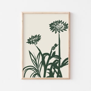 Floral Forest Green Print, Minimalist Print, Botanical Wall Decor, Neutral Flower Print, Illustration, Modern Print