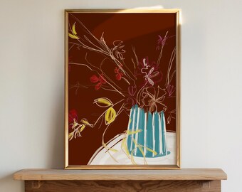Hand Drawn Wildflower Vase Print, Abstract Floral Art, Blue Botanical Sketch Poster