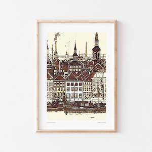 Kopenhaga Druk, Kopenhaga Druk artystyczny, Duńska dekoracja ścienna, Szkicowany wydruk artystyczny, Plakat podróżniczy, Druk podróżniczy - A4, A3, A2