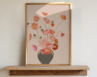 Poppy Flower Vase Print, Red Floral Botanical Illustration, Minimalist Cottagecore Wall Art