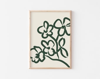 Floral Forest Green Print, Minimalist Print, Botanical Wall Decor, Neutral Flower Print, Illustration, Modern Print