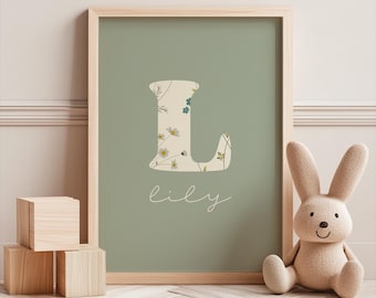 Personalised Floral Initial Nursery Print, Custom Name Wall Art, Baby Sign