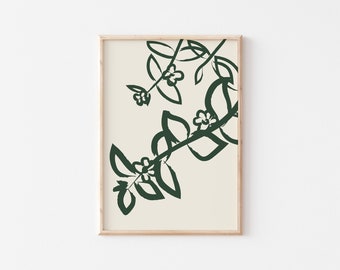 Floral Forest Green Print, Minimalist Print, Botanical Wall Decor, Neutral Flower Print, Illustration, Modern Print