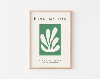 May include: A green and white abstract art print featuring a stylized leaf design. The print is titled "Henri Matisse" and includes the text "Aix en Provence, Pavillon de Vendome".