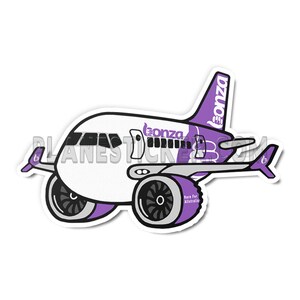 May include: A cartoon illustration of a white aeroplane with purple accents. The aeroplane has the word "Bonza" written on the side and the words "Here For Australia" on the bottom.