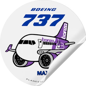 May include: A white sticker featuring a cartoon illustration of a purple and white Boeing 737 aircraft with the text "BOEING 737" in blue and "BONZA" on the side of the plane. The text "MAX" is at the bottom of the sticker.