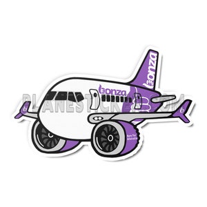 May include: A cartoon illustration of a purple and white aeroplane with the word "Bonza" on the side. The aeroplane has a thumbs up and the text "More For Australia" on the side.