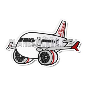 May include: A white cartoon aeroplane with red and grey accents. The aeroplane has the words "virgin australia" printed on the side and the word "Virgin" printed on the tail.