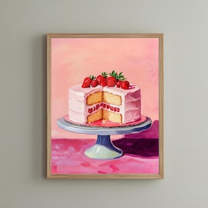 Retro Cake Print, Strawberry Cake Wall Art, Aesthetic Wall Decor, Dessert Cake Wall Decor, Kitchen Art Poster, Living Room Wall Art