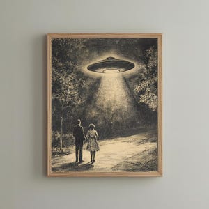 UFO Art Alien Flying Saucer Digital Print, Vintage Couple, Surreal Science Fiction, Paranormal Extraterrestrial Art, Printable Wall Art