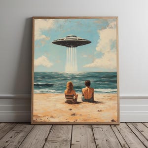 Alien UFO Flying Saucer Print, Alien Beach Coast Poster, Surreal Science Fiction, Paranormal Extraterrestrial Art, Printable Wall Art