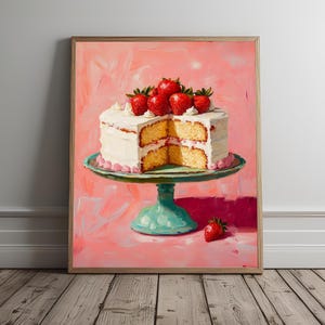 Retro Cake Print, Strawberry Cake Wall Art, Aesthetic Wall Decor, Dessert Cake Wall Decor, Kitchen Art Poster, Living Room Wall Art