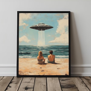 Sci-Fi Flying Saucer Print, Alien UFO Beach Coast Poster, Surreal Science Fiction, Paranormal Extraterrestrial Art, Printable Wall Art