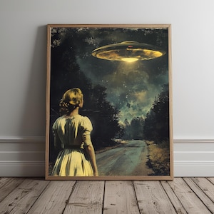 UFO Alien Flying Saucer Print, Alien Poster, Vintage Woman, Surreal Science Fiction, Paranormal Extraterrestrial Art, Printable Wall Art