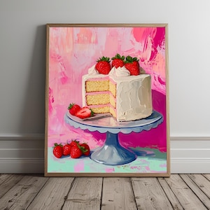 Strawberry Cake Print, Dessert Cake Wall Art, Retro Print, Girly Wall Decor, Trendy Wall Art, Living Room Decor, Printable Wall Art