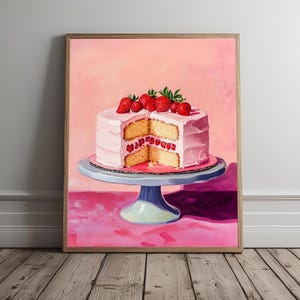 Retro Cake Print, Strawberry Cake Wall Art, Aesthetic Wall Decor, Dessert Cake Wall Decor, Kitchen Art Poster, Living Room Wall Art