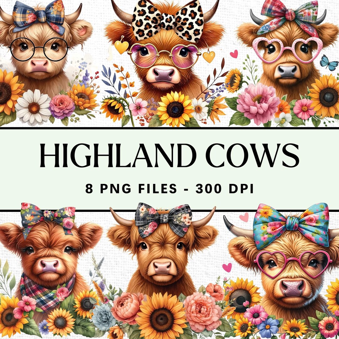 Highland Cow PNG Bundle: Floral Clipart, Boho Farm Animal Designs ...