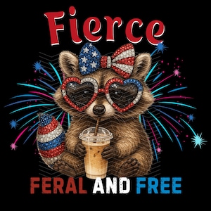 4 de julio, Mapache PNG (Animales Feroces y Libres) - Fuegos artificiales patrióticos y diseño DTF - Descarga digital del Día de la Independencia