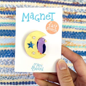 Handmade moon magnet, cute bird magnet, clay magnet