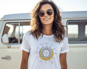 Himmlische Mond Sonne Sterne T-Shirt, Unisex Boho Shirt, Boho Vintage Mond Tee, himmlisches Shirt Geschenk, Boho Hippie Sonne Mond T-Shirt, Yoga Shirt