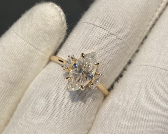 Three Stone Marquise Cut Moissanite Engagement Ring: Solid Gold or Silver