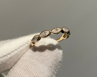 Moissanite Wedding Band: Marquise Cut Gold Bezel Set