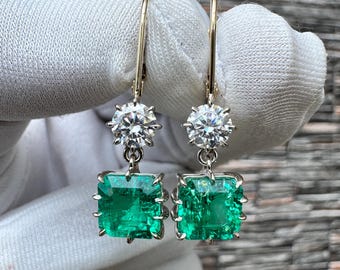 Beautiful Dangle Earring • Asscher Cut Colombian Emerald Gem • 14K White Gold Earring Gift for Wife