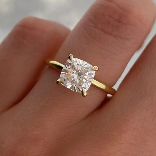 Best!! Cushion Cut Engagement Ring • Moissanite Solitaire + Invisible Halo • 4 Claws Ring Anniversary Gift • Gold Wedding Ring For Bride