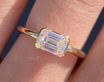 East West Moissanite Ring • Elongated Emerald Cut Half Bezel Moissanite Gold Ring • Solitaire Engagement Ring • Handmade custom Ring