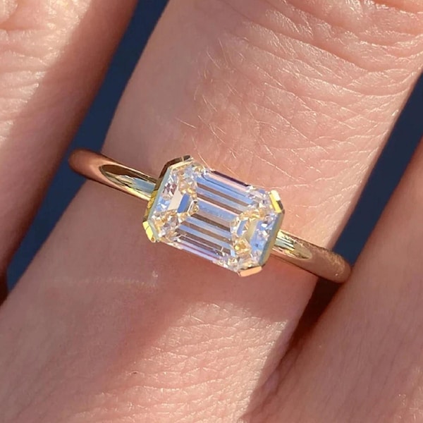 East West Moissanite Ring • Elongated Emerald Cut Half Bezel Moissanite Gold Ring • Solitaire Engagement Ring • Handmade custom Ring