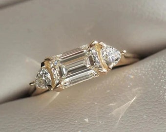Emerald Cut Moissanite Ring: East-West Trillion, Handmade Cathedral Setting