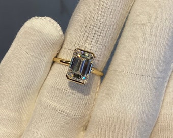 Modern Half Bezel Long Emerald Cut Moissanite Ring • 18k Solid Gold Solitaire Engagement Ring • D VVS1 Diamond Ring • Wedding wear Fine Ring
