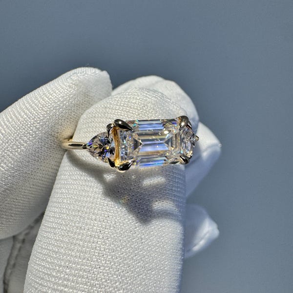 Emerald & Trillion Moissanite Ring: East-West Diamond Engagement, Solid Gold or Silver