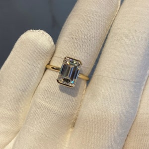 Modern Half Bezel Long Emerald Cut Moissanite Ring • 18k Solid Gold Solitaire Engagement Ring • D VVS1 Diamond Ring • Wedding wear Fine Ring