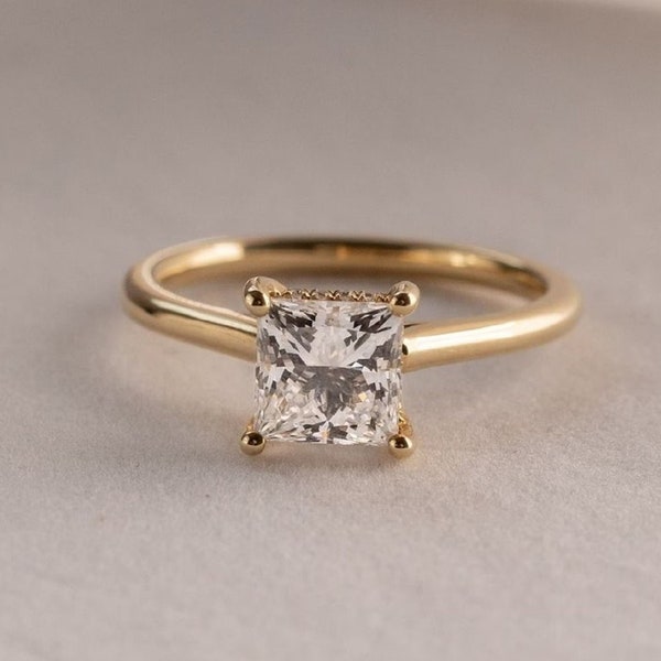 Princess Ring • 18k Solid Yellow Gold • Moissanite Diamond Solitaire Ring, Minimalist Ring • D VVS Moissanite Handmade ring