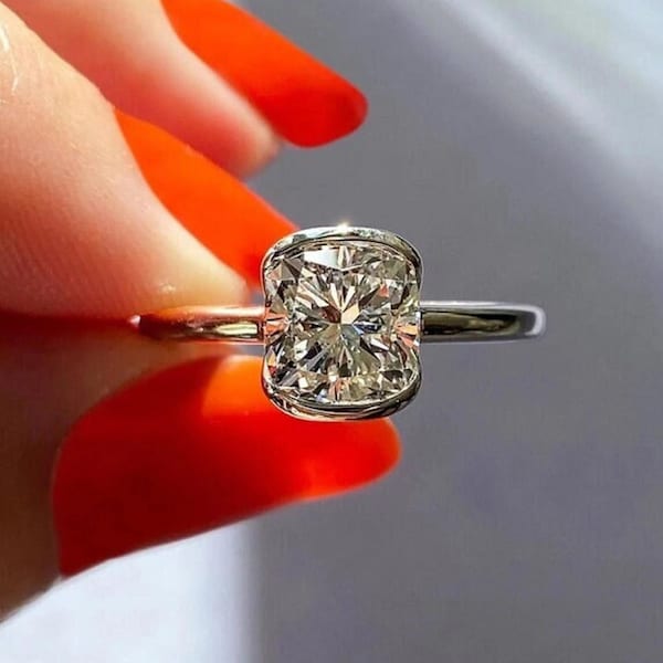 Beautiful Half Bezel Cushion Moissanite Ring • Antique Engagement Ring • Rare Statement Ring • Wedding Ring • Beauty Ring Gift For Wife