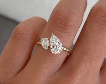 You & Me Ring • Moissanite Engagement Ring • Pear Cut Toi et Moi Statement Ring • Wedding Bride Ring • 14K Solid Gold Jewelry for Women