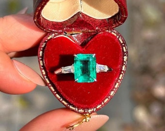 Emerald Cut Lab Grown Emerald Ring: Baguette Moissanite, 14k Gold