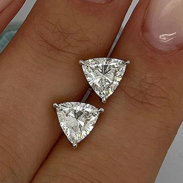 Trillion Cut Moissanite Stud Earrings: D Color VVS1, Solid Gold or Silver