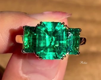 Three Stone Emerald Ring Colombian Green Octagon Gemstone Engagement Ring Solid Gold Luxury Vintage Rings gift for women