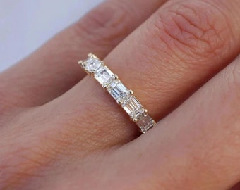 Emerald Moissanite Wedding Band | 2.5 ct Gold Prong set Moissanite Emerald East West Anniversary Band D VVS Half Eternity Band Ring 14K Gold