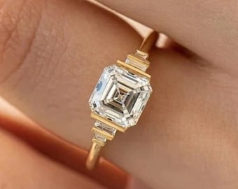 Asscher Cut Moissanite Wedding Ring | 14k Solid Yellow Gold Ring | Bar Setting Baguette Moissanite Stone Ring | Anniversary Ring Gift