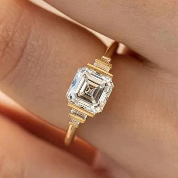 Asscher Cut Moissanite Wedding Ring | 14k Solid Yellow Gold Ring | Bar Setting Baguette Moissanite Stone Ring | Anniversary Ring Gift